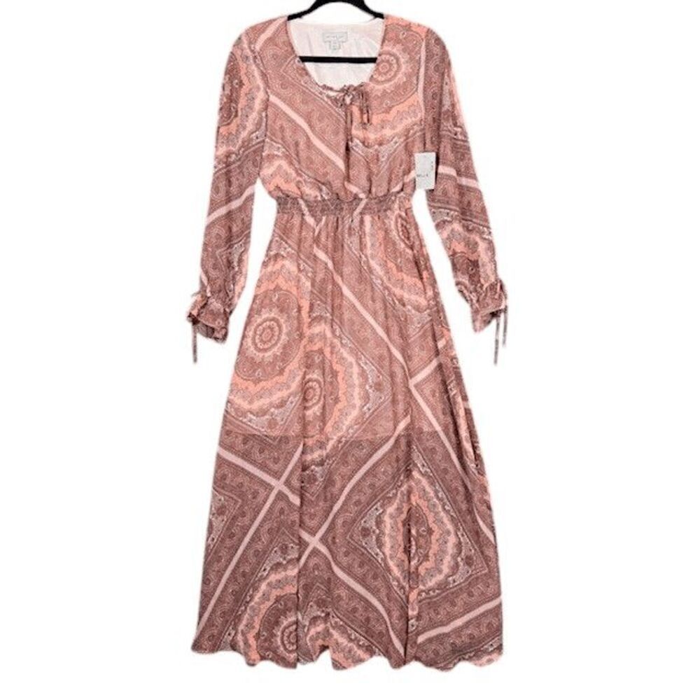 NWT Belle Sky Paisley Print Sheer Maxi Boho Tie Sleeves Mauve Pink Size XS